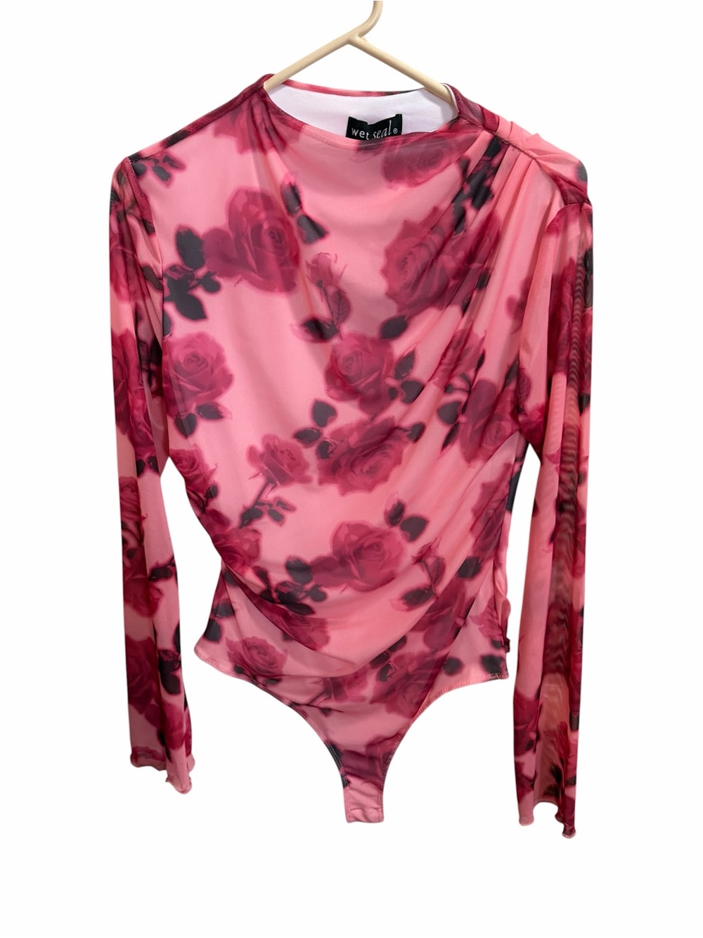 Wet Seal Pink Floral Mesh Long-Sleeve Bodysuit size XL(J)